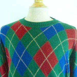 MALO Italy green blue red argyle plaid 100% cashmere crew neck sweater XL